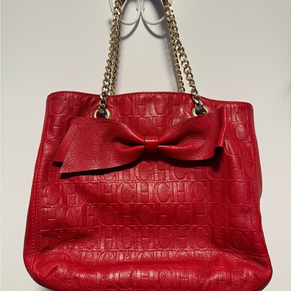 Carolina Herrera Red Leather Shoulder Bag with Bow